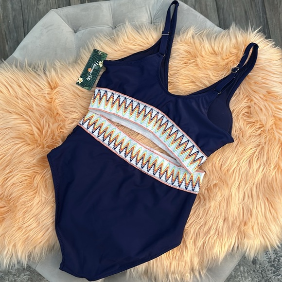 High Waist Bikini Swimsuit Navy With Colorful Ribbon Band Accent Sz MED NEW! - Picture 2 of 4